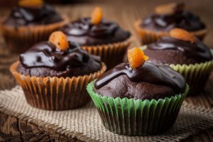 Freshly baked chocolate muffins.
